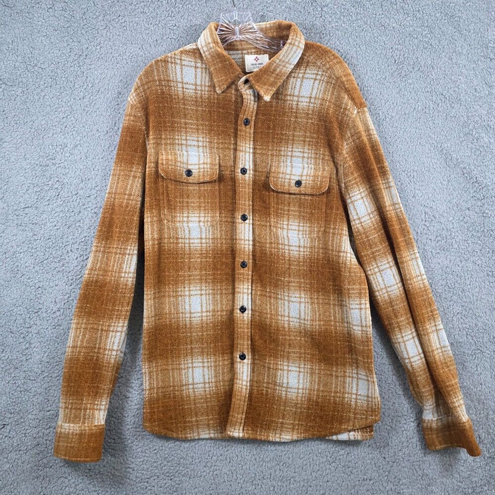 True Grit Stretch Flannel Shirt Adult Brown Plaid Button Up Size XL